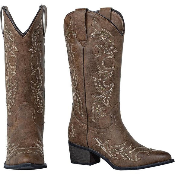 SheSole Western Boots Women Dark Brown Faux Leather Square Toe Wide Mid Calf - Picture 7 of 9